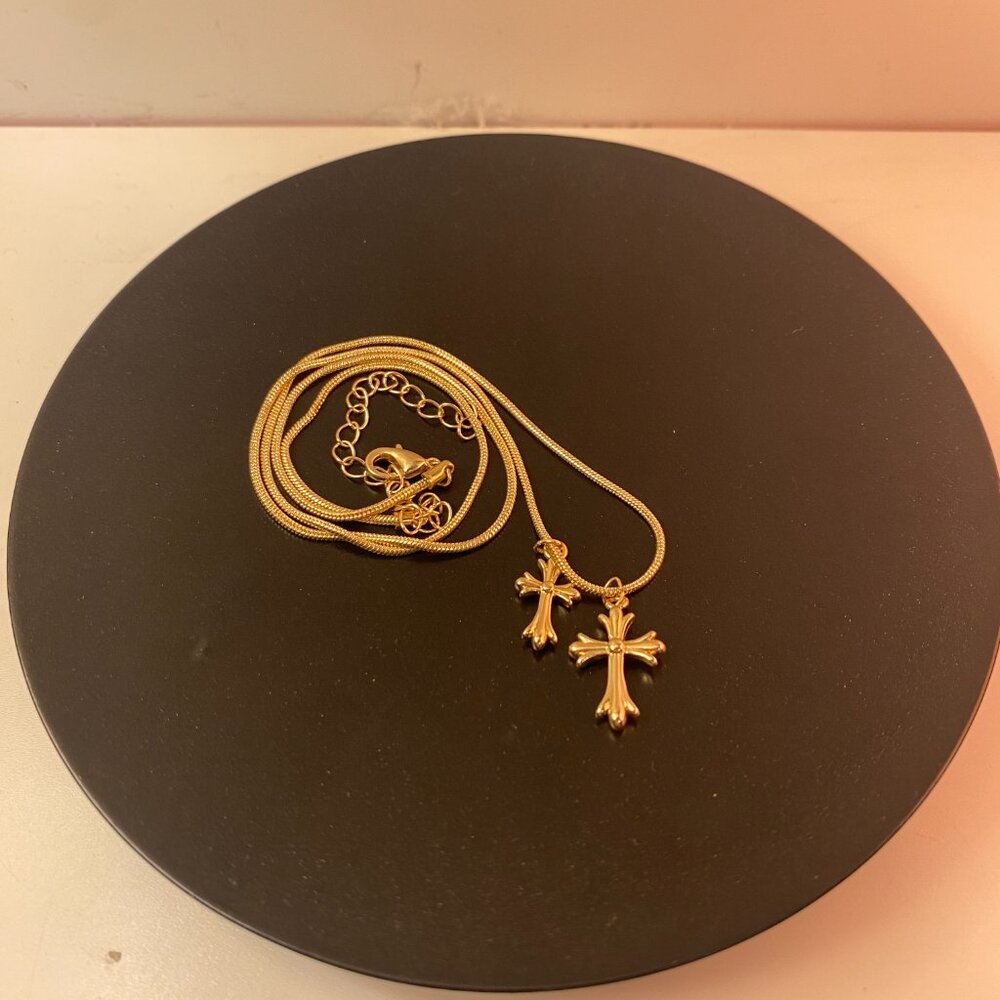 Handmade dainty two crosses necklace (gold-plated)